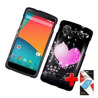 LG Google Nexus 5 D820   2 Piece Snap On Glossy Image Case Cover, Pink Heart White Leaf Swirls Black Cover + SCREEN PROTECTOR: Cell Phones & Accessories