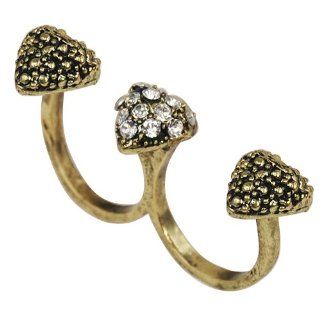 Easyfashion Alloy Vintage Retro Three Heart Clear Crystal Two Finger Ring With Rhinestones Bronze: Jewelry