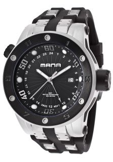 Mana 1101 GMT SS 01  Watches,Mens Silver Tone Steel Case Dual Time Black Textured Dial Black Rubber Strap, Casual Mana Quartz Watches