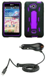 LG Spirit 4G MS870   Accessory Kit   Black / Purple Rugged Hybrid Kick Stand Case + Atom LED Keychain Light + Micro USB Car Charger: Cell Phones & Accessories