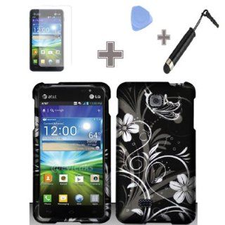 Rubberized Black White Silver Vine Flowers Snap on Design Case Hard Case Skin Cover Faceplate with Screen Protector, Case Opener and Stylus Pen for LG Escape P870   AT&T: Cell Phones & Accessories