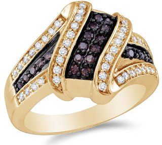 Size 8   14K Yellow Gold White and Chocolate Brown Diamond Cross Over Wedding, Anniversary OR Fashion Right Hand Ring Band   w/ Channel Set Round Diamonds   (.55 cttw): Jewelry