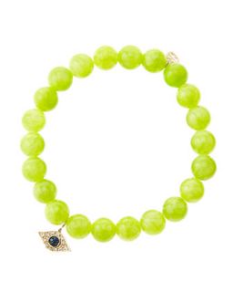 8mm Smooth Lime Jade Beaded Bracelet with 14k Yellow Gold/Diamond Small Evil