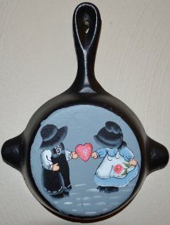 Black Iron Metal Skillet Wall Hanger Ashtray Miniture Decoration 4 7/8 X 6 1/4 X 7/8 Inch Bottom Painted Amish Boy and Girl Holding a Pink Heart Between Them Showing Love : Other Products : Everything Else