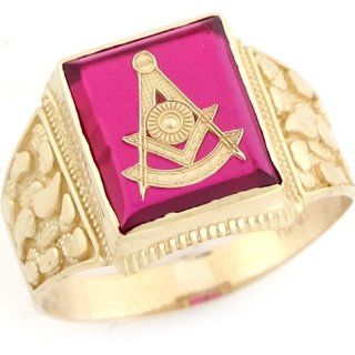 10k Real Gold Past Master Freemason Masonic Synthetic Ruby Nugget Mens Ring: Jewelry