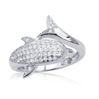 .925 Sterling Silver 14K White Gold Plated CZ Diamond Dolphin Engagement Ring For Women Jewelry