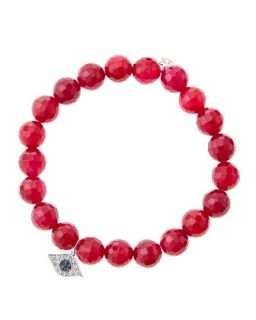 8mm Faceted Red Agate Beaded Bracelet with 14k White Gold/Diamond Small Evil