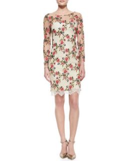 Womens Long Sleeve Floral Embroidered Overlay Cocktail Dress   Notte by
