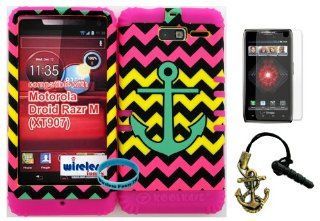 Hybrid Cover Bumper Case for Motorola Droid Razr M (XT907, 4G LTE, Verizon) Teal Anchor on Pink, Yellow, Black Chevron Pattern Snap on + Pink Silicone (Included Wristband, Screen Protector and Owl Dust Plug Charm By Wirelessfones): Cell Phones & Access