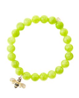 8mm Smooth Lime Jade Beaded Bracelet with 14k Gold/Diamond Bee Charm (Made to