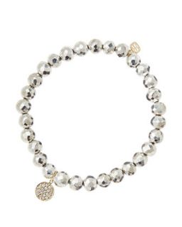 6mm Faceted Silver Pyrite Beaded Bracelet with Mini Yellow Gold Pave Diamond
