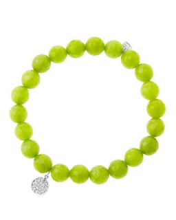 8mm Faceted Lime Jade Beaded Bracelet with Mini White Gold Pave Diamond Disc