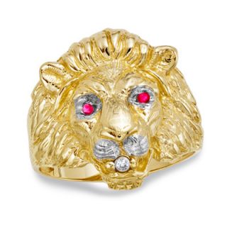Mens Lion Ring with Lab Created Ruby and Diamond Accents in 10K Gold