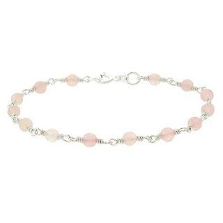 Sterling Silver .925 Genuine Rose Quartz Stone Bead Link Bracelet: Jewelry
