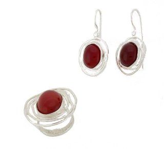 Silver Jewelry, 925 Sterling Silver Matching Earrings + Ring SET. Custom Hand Made and Designed in Israel by Bili Silver. Ring has 13/18mm Oval Cabochon Carnelian Stone in size: 7, 8 . Earrings have 2 x 10/12mm Cabochon Carnelian Stone with Safety locking 