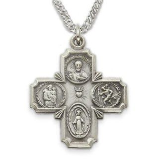 .925 Sterling Silver Engraved Antiqued Four Way Medal Pendant Necklace Catholic Jewelry Four Way Patron Saint Medal Pendant Catholic Gift Boxed w/Chain Necklace 20" Length Gift Boxed: Jewelry