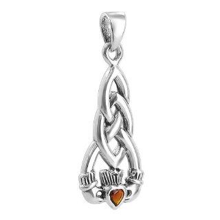 .925 Sterling Silver Heart Shape Garnet Cubic Zirconia Celtic Knot Claddagh 12mm x 26mm Pendant: Jewelry