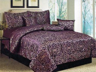 7 Pc Geometric Floral Damask Motif Jacquard Comforter Set Purple Plum King  