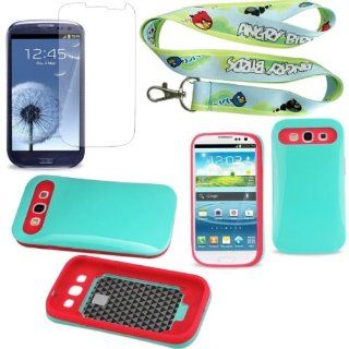 SAMSUNG GALAXY S3 i9300 GREEN & ORANGE PC PROTECTOR COVER WITH UV + ANGRY BIRDS LANYARD + SCREEN PROTECTOR: Cell Phones & Accessories