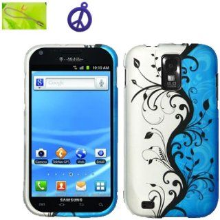 T Mobile Samsung Galaxy S II S2 SGH T989 (B BLVN) Black Vine Flower on Blue and Silver Design, Rubberized Coated Surface Hard Plastic Case Skin Cover Faceplate + Peace Charm and Strap Combo Cell Phones & Accessories