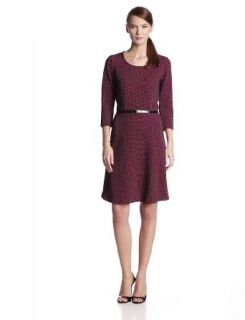 NY Collection Women's Knit 3/4 Sleeve Fit N' Flare Dress with Belted Waist, Pink Atoms, Medium at  Womens Clothing store