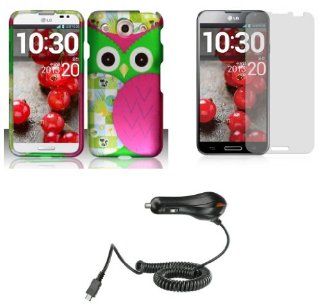 LG Optimus G Pro E980 (AT&T)   Accessory Combo Kit   Hot Pink and Green Owl Design Shield Case + Atom LED Keychain Light + Screen Protector + Micro USB Car Charger Cell Phones & Accessories