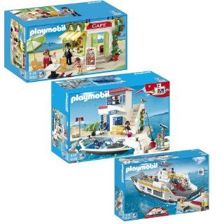 Playmobil Harbour Police with Speedboat, Car Ferry and Pier, and Harbor Cafe: Toys & Games