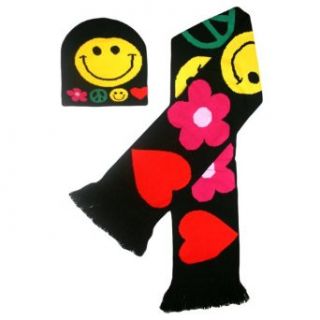 Luxury Divas Smiley Face Hearts Peace Flower Knit Beanie Hat & Scarf Set at  Womens Clothing store