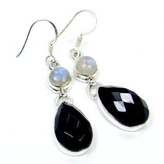 'Evening Elegance' Sterling Silver Black Onyx, Moonstone Dangle Earrings: Jewelry