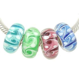 4 Swirl Murano Glass Bead Blue, Green, Turquoise, Pink with Solid Sterling Silver Core for European Charm Bracelet Jewelry