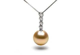 AAA Quality, 10.0 11.0 mm, Orion Collection Golden South Sea Pearl & Diamond Pendant, 18 inch, 18k White Gold Chain: Pendant Necklaces: Jewelry