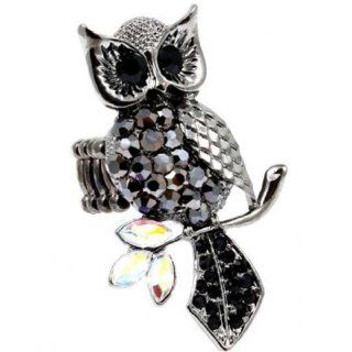 Big Owl Stretch Ring Black Crystal AB Leaves Branch Gunmetal 2.25 in Tall Fashion Jewelry: Jewelry