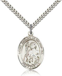Free Engraving Included Medal  Sterling Silver St. Saint Adrian of Nicomedia Pendant 1" Oval 7353SS w/24" SG Heavy Curb Chain w/Box Patron Saint of Prison Guards/Soldiers Jewelry