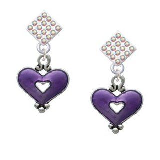 Hot Purple Enamel Heart with Cutout AB Crystal Diamond Shaped Lulu Post Earrings Dangle Earrings Jewelry