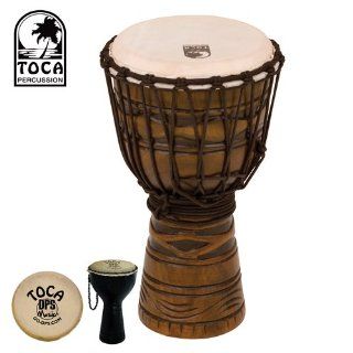 Toca TODJ Origins wood Djembe with 8 inch hand selected goatskin head and African Mask finish. Also includes Toca Shaker (#TDS DPS) ": Musical Instruments