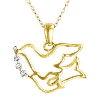 10k Yellow Gold Diamond Accent Dove Pendant (.05 cttw, I J Color, I2 I3 Clarity), 18": Jewelry