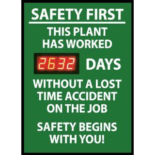 Digital Scoreboard, Safety First This Plant Has Worked Xxx Days Without A Lost Time Accident On The Job Safety Begins With You!, 28X20, .085 Styrene: Industrial Warning Signs: Industrial & Scientific