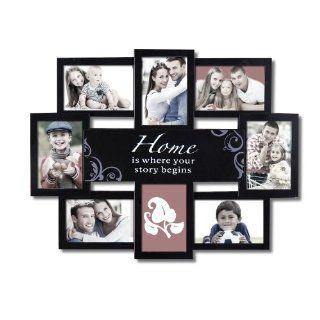 Adeco [PF0479] 8 Opening Black Plastic Wall Hanging Collage Picture Photo Frame  "Home is Where Your Story Begins"   Home Decor Wall Art   Picture Frames Family Collage