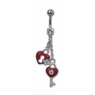 Stainless Steel Dangling Heart Shaped Lock and Key Belly Ring Accented with Clear CZ Stones. It comes in 3 Colors to Choose (Red): Jewelry