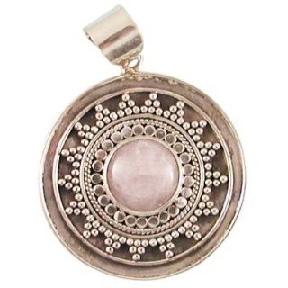 Traditional Indoneasian Hand hammered .925 Silver Medallion Pendant with Rose Quartz Accent Jewelry