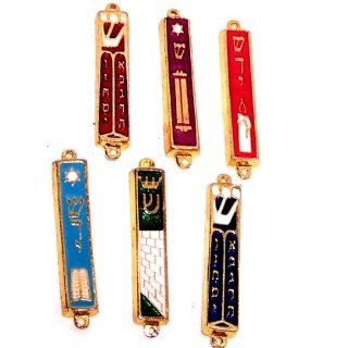 A Set of 6 Gold plated Mezuzahs with different enameled themes. Each is about 3 Inches.: SQ TC of HolyLandMarket: Jewelry