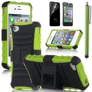 Hard Plastic Snap on Cover Fits Apple iPhone 4 4S Green/Black Advanced Armor Stand (Outside Hard Plastic Green Cover, Inside Black Soft Silicone Skin) +Green Pen/Stylus+Front and Back LCD Screen Protective Films+Cleaning Cloth+Application Card AT&T, Ve
