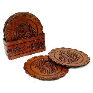 New Round Coasters Set of Eight Hand Tooled Leather with Tray : Western Table Coasters : Everything Else