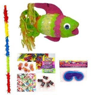 Neon Rainbow Fish Pinata Party Pack/Kit Including Pinata, Bit of Everyones Favorites Candy Filler Mix 3lb, Buster Stick and Blindfold: Toys & Games