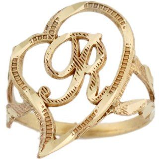 14k Real Gold Cursive Letter R Diamond Cut 2.3cm Unique Heart Initial Ring: Jewelry