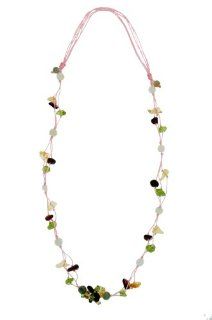 Peridot, Rose Quarts, and Onyx Woven Together and Stationed in the Center of This Necklace While Sparkling Color of Gemstones Dangle on the Triple Cord As It Gets Section Off By a Single Jade Bead: Jewelry