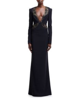 Womens Beaded Illusion Trim Plunging V Neck Gown   Alexander McQueen   Black