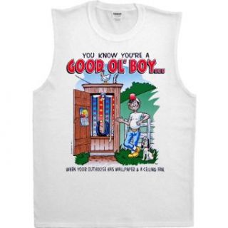 MENS SHOOTER (SLEEVELESS) T SHIRT : WHITE   SMALL   You Know Youre A Good Ol Boy When Your Outhouse Has Wallpaper and a Ceiling Fan   Funny Redneck Good Old Boy: Clothing