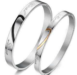 J & R His or Hers Titanium Steel Fit together Loving Heart Bangle Bracelet BR313 (His(Black)): Jewelry