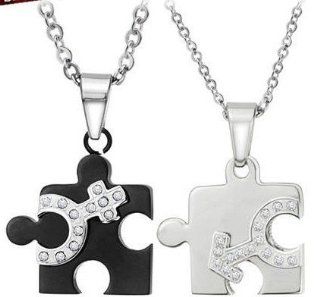 Two Tone Stainless Steel Couples Jigsaw Puzzle Love Rhinestone Crystals Necklace Pendant Set (His and Hers) Women's Men's Fashion Jewelry (FREE CHAINS INCLUDED): Jewelry